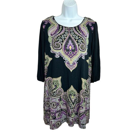 Cha Cha Vente Boho Tunic Top Sz XL Paisley 38/4 Sleeve Blouse Bohemian Long Fit - Picture 5 of 6